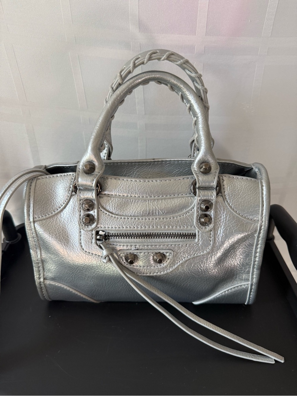 Y2K Style Metallic Silver Faux Leather Small Satchel with Strap & Mirror Charm